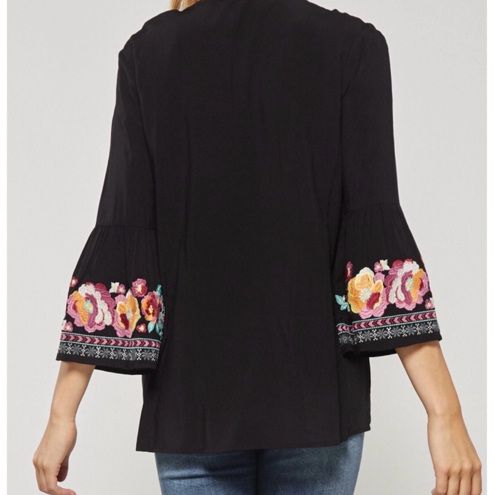 Savanna Jane Black Rayon Top with Pink and Orange Embroidery - Picture 2 of 8